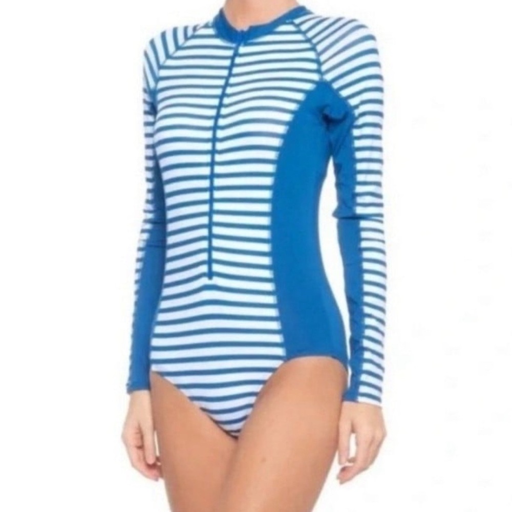 Cabana Life Women Striped Unisuit Blue Geo Long Sleeve One Piece Swim UPF 50